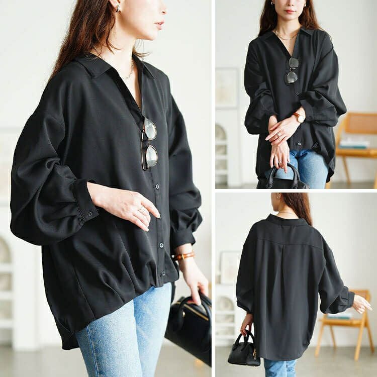 大きいサイズ レディース 裾タックボリューム袖スキッパーシャツ　sw-0812 【メール便可】