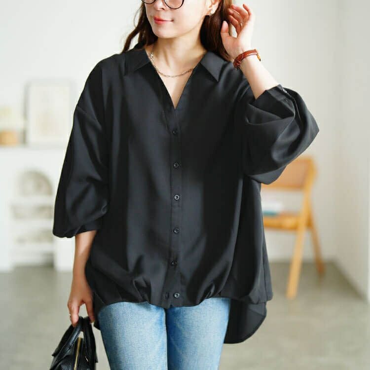 大きいサイズ レディース 裾タックボリューム袖スキッパーシャツ　sw-0812 【メール便可】