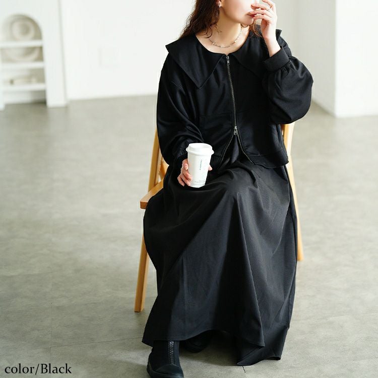 大きいサイズ レディース セーラーカラーZIPブルゾン＆異素材ノースリーブワンピース2点セット　sw-0758