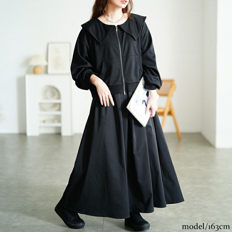 大きいサイズ レディース セーラーカラーZIPブルゾン＆異素材ノースリーブワンピース2点セット　sw-0758