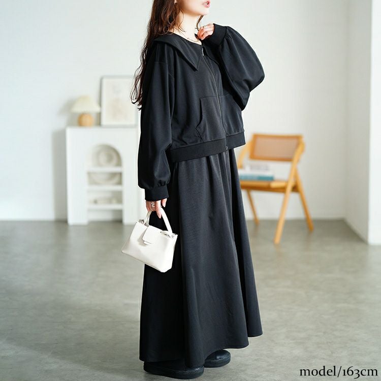 大きいサイズ レディース セーラーカラーZIPブルゾン＆異素材ノースリーブワンピース2点セット　sw-0758