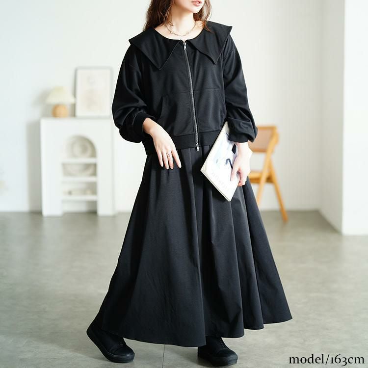 大きいサイズ レディース セーラーカラーZIPブルゾン＆異素材ノースリーブワンピース2点セット　sw-0758 ブラック