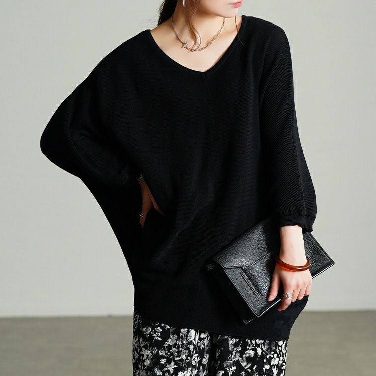大きいサイズ レディース Vネック片畦編みドルマンニット　sum-0027