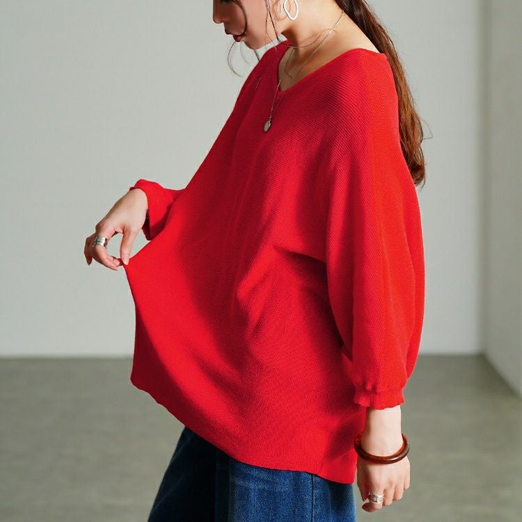 大きいサイズ レディース Vネック片畦編みドルマンニット　sum-0027