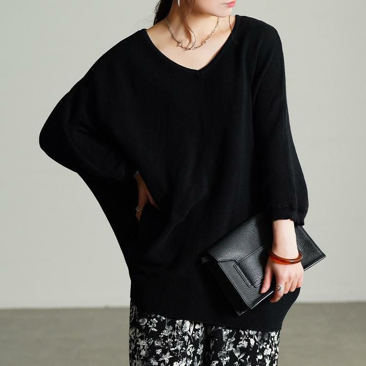 大きいサイズ レディース Vネック片畦編みドルマンニット　sum-0027 ブラック
