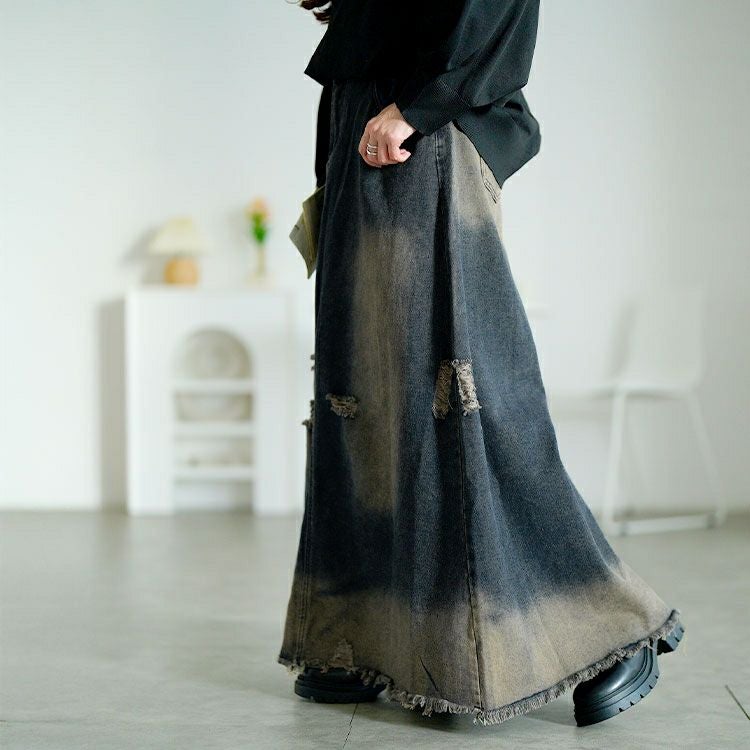 大きいサイズ レディース ダメージデニムロングスカート　goldy-1761