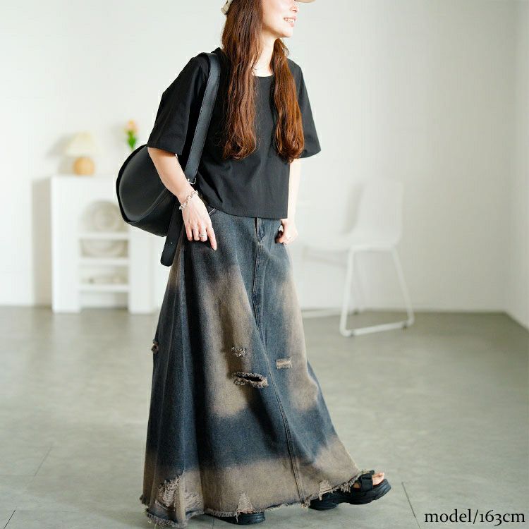 大きいサイズ レディース ダメージデニムロングスカート　goldy-1761