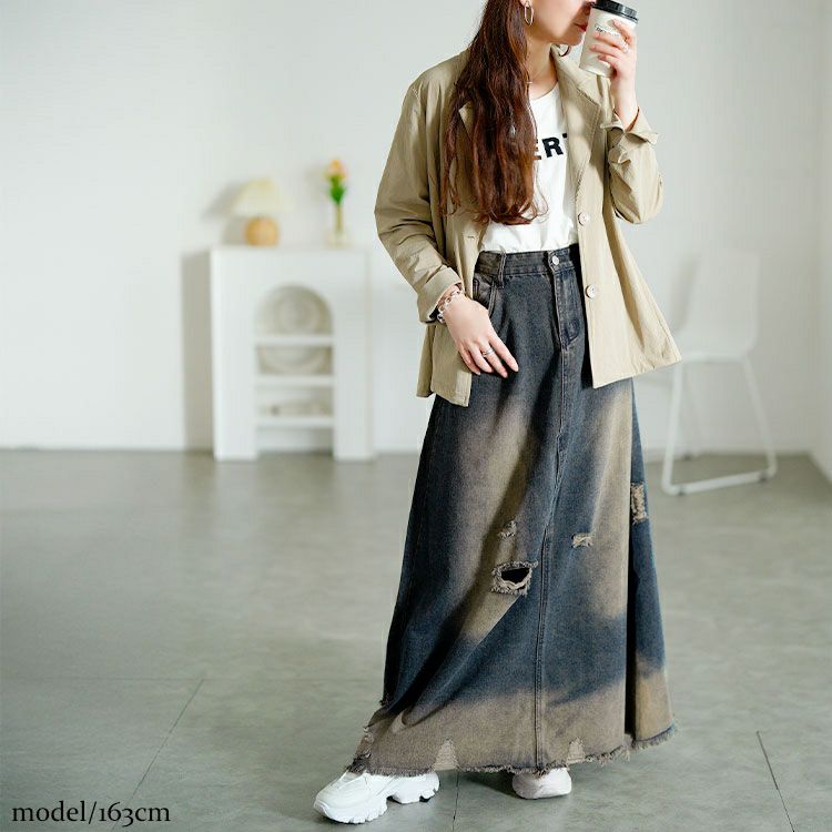 大きいサイズ レディース ダメージデニムロングスカート　goldy-1761