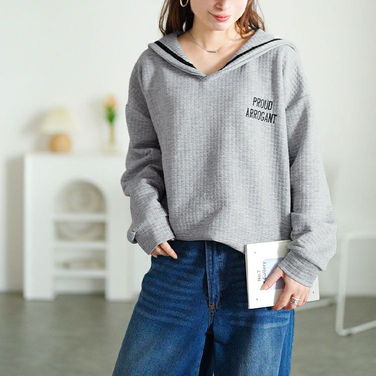 大きいサイズ レディース セーラーカラーワッフルトップス　goldy-1763