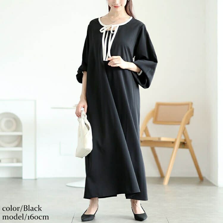 大きいサイズ レディース 配色パイピングリボンAラインワンピース　fem-602 【メール便可】