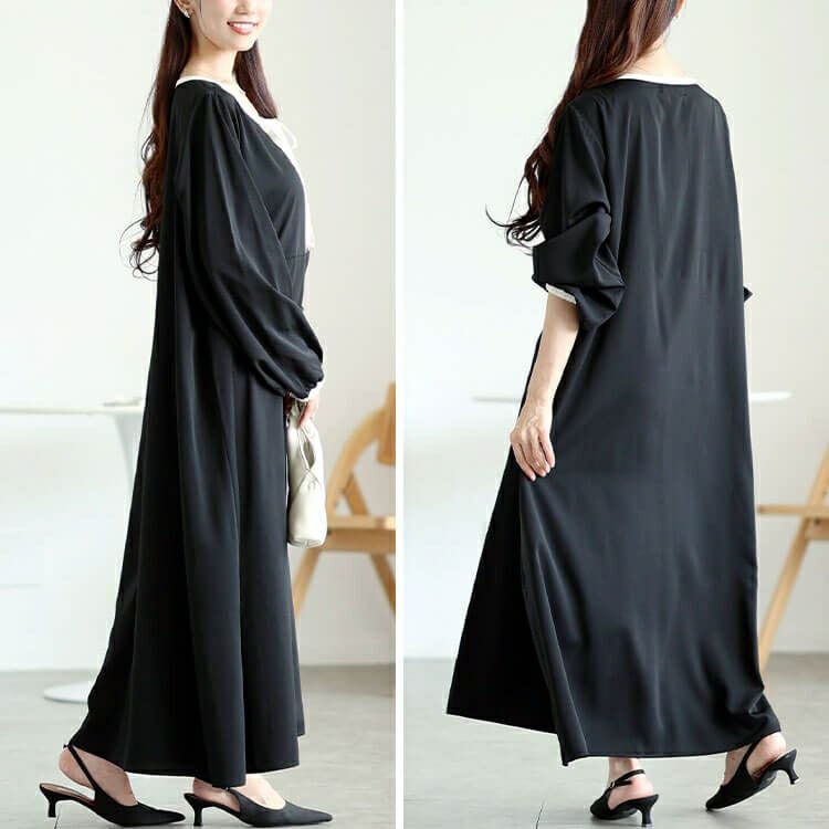 大きいサイズ レディース 配色パイピングリボンAラインワンピース　fem-602 【メール便可】