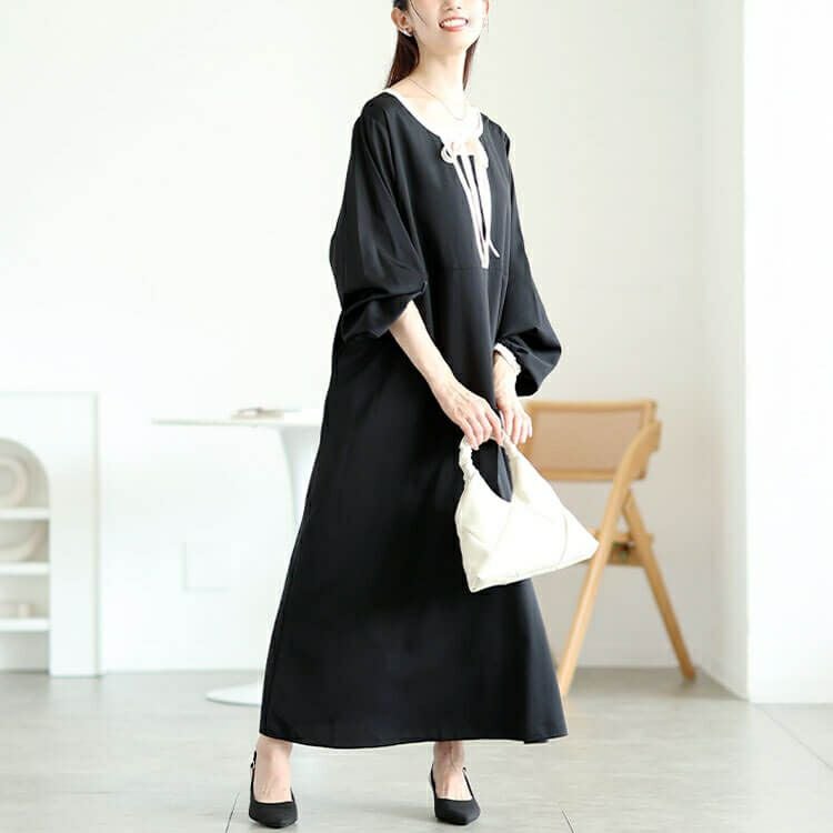 大きいサイズ レディース 配色パイピングリボンAラインワンピース　fem-602 【メール便可】