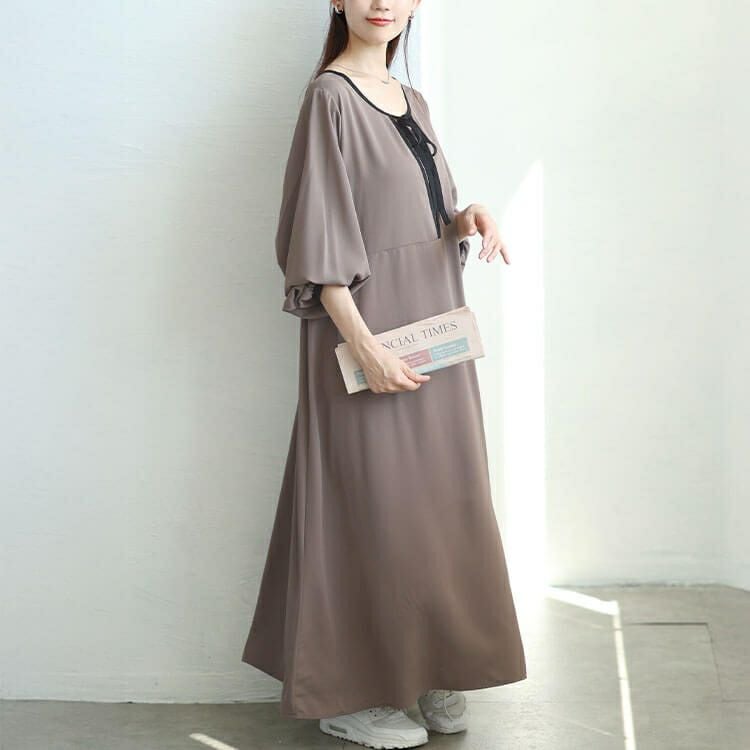 大きいサイズ レディース 配色パイピングリボンAラインワンピース　fem-602 【メール便可】