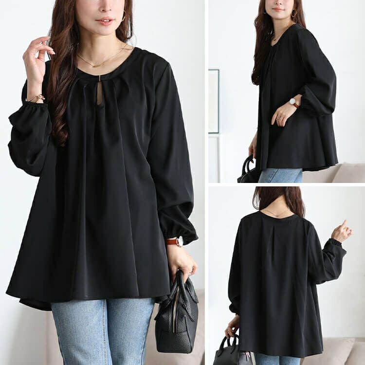 大きいサイズ レディース ラウンドネックタックフレアブラウス　fem-601 【メール便可】