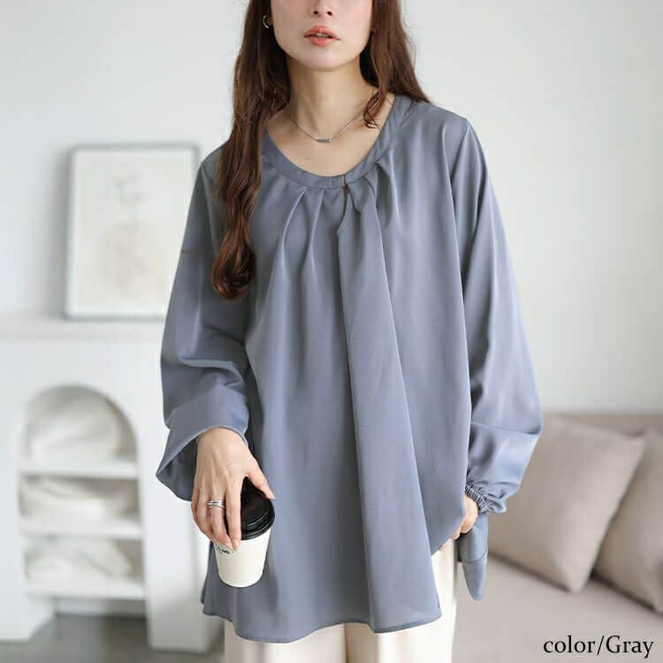 大きいサイズ レディース ラウンドネックタックフレアブラウス　fem-601 【メール便可】