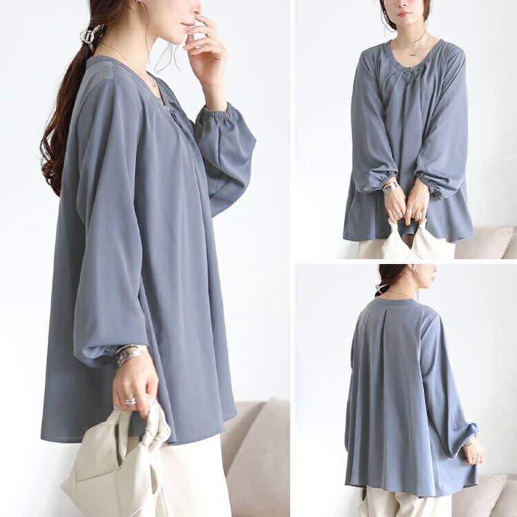 大きいサイズ レディース ラウンドネックタックフレアブラウス　fem-601 【メール便可】