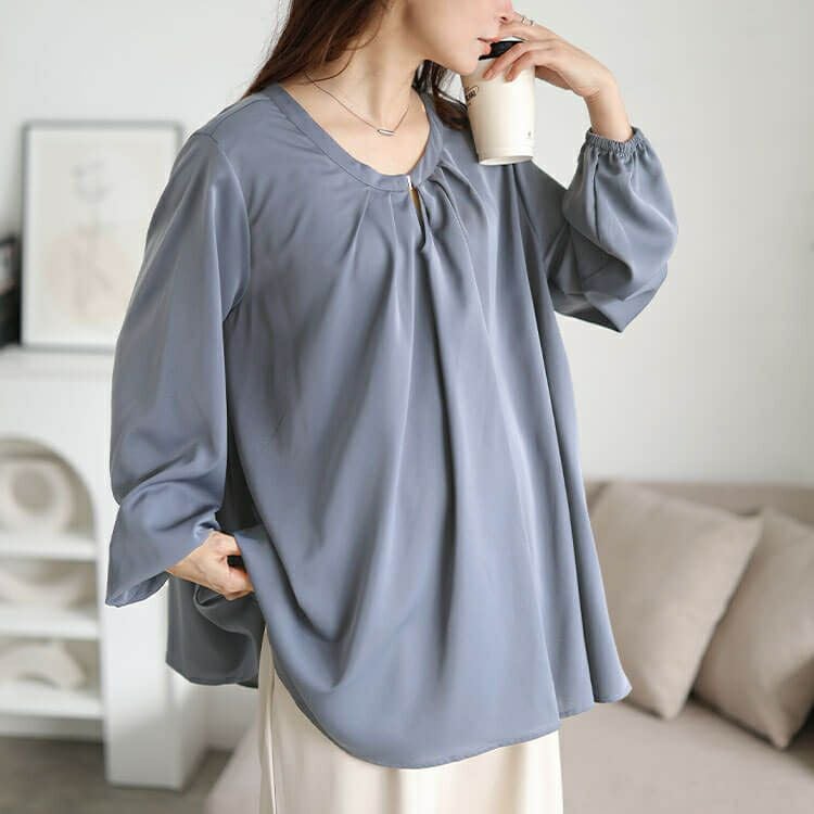 大きいサイズ レディース ラウンドネックタックフレアブラウス　fem-601 【メール便可】