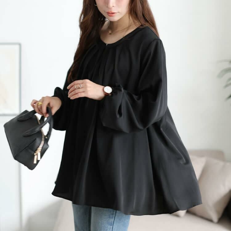 大きいサイズ レディース ラウンドネックタックフレアブラウス　fem-601 【メール便可】 ブラック