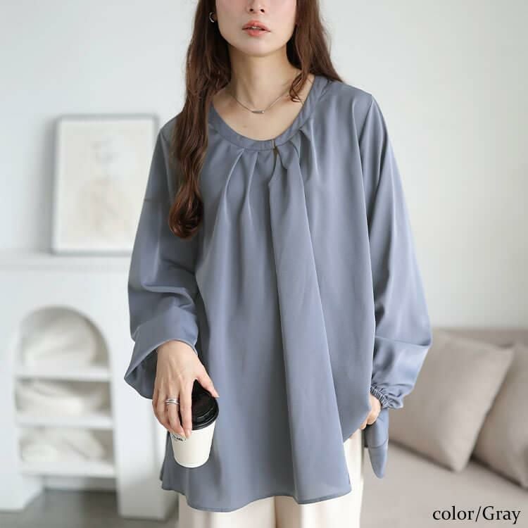 大きいサイズ レディース ラウンドネックタックフレアブラウス　fem-601 【メール便可】 グレー