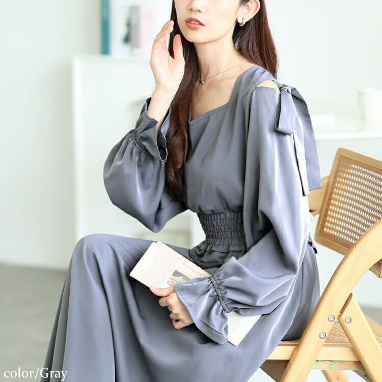 大きいサイズ レディース リボンオープンショルダーワンピース　fem-600