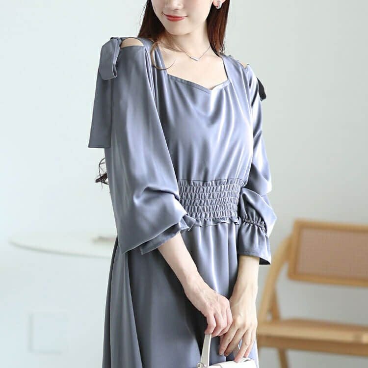 大きいサイズ レディース リボンオープンショルダーワンピース　fem-600