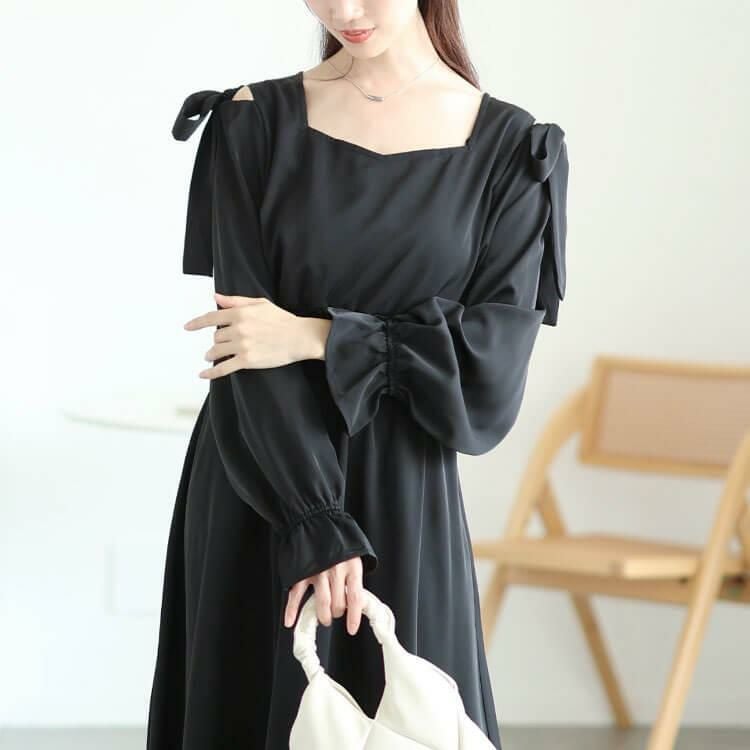 大きいサイズ レディース リボンオープンショルダーワンピース　fem-600 ブラック