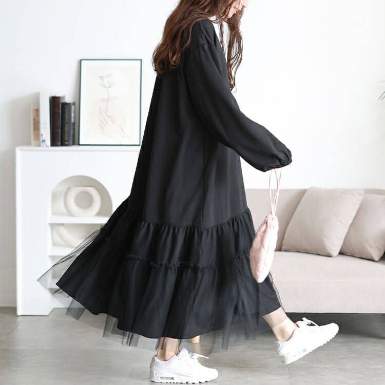 大きいサイズ レディース ティアードチュール切り替えワンピース　fem-599