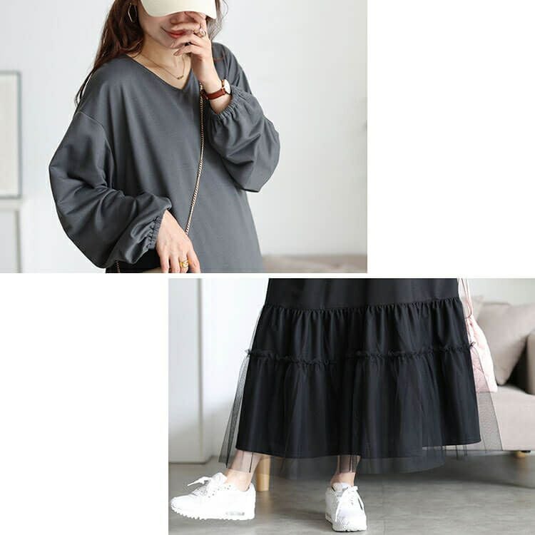 大きいサイズ レディース ティアードチュール切り替えワンピース　fem-599