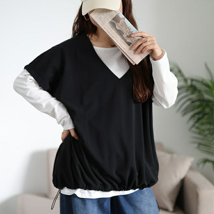 大きいサイズ レディース 裾ドロストベスト＆ロンT2点セット　bai-0196