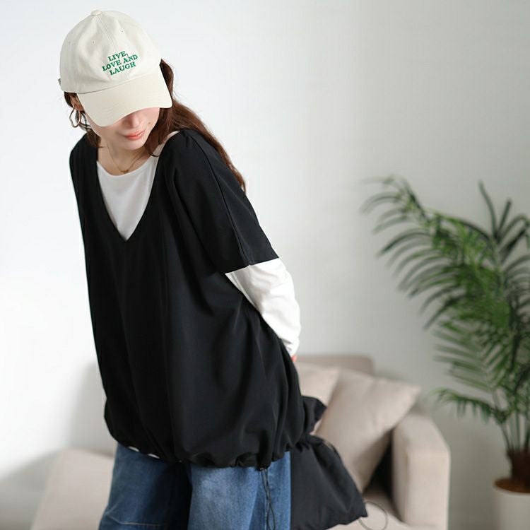 大きいサイズ レディース 裾ドロストベスト＆ロンT2点セット　bai-0196