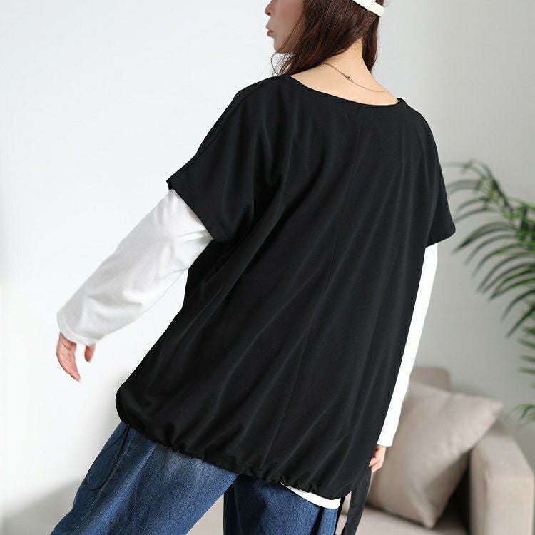 大きいサイズ レディース 裾ドロストベスト＆ロンT2点セット　bai-0196