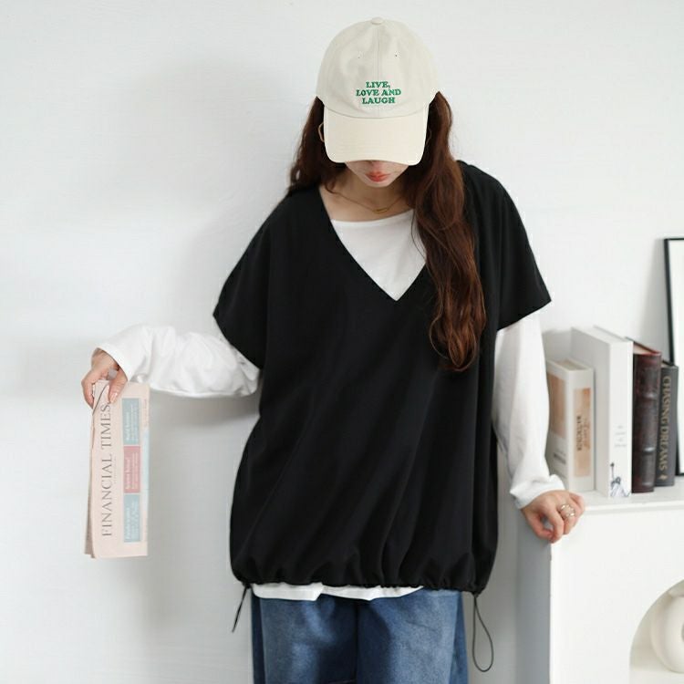 大きいサイズ レディース 裾ドロストベスト＆ロンT2点セット　bai-0196