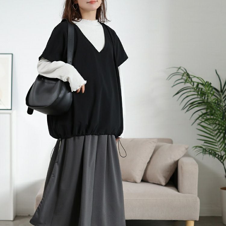 大きいサイズ レディース 裾ドロストベスト＆ロンT2点セット　bai-0196