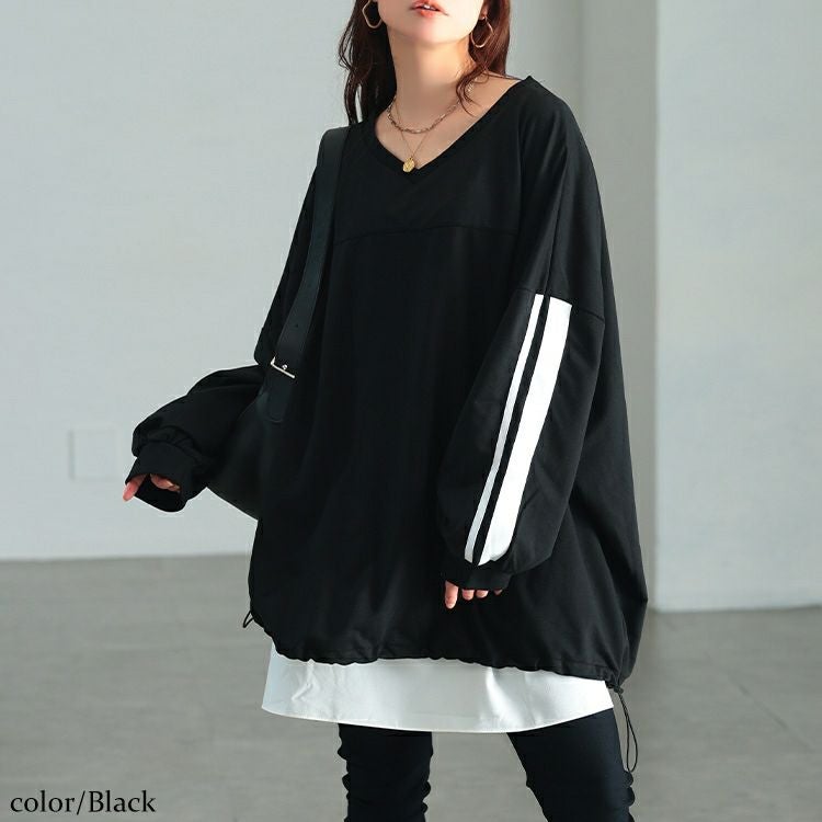 大きいサイズ レディース 裾ドロスト配色ラインチュニック　bai-0195
