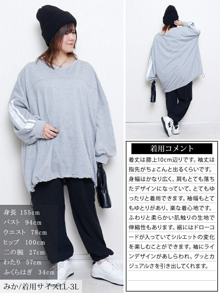 大きいサイズ レディース 裾ドロスト配色ラインチュニック　bai-0195