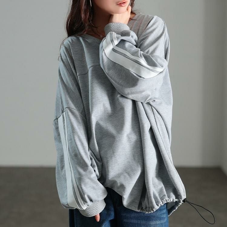 大きいサイズ レディース 裾ドロスト配色ラインチュニック　bai-0195 杢グレー