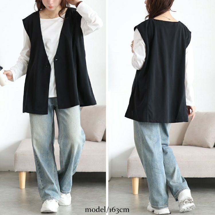 大きいサイズ レディース 深Vネック変形ジレ＆ロンT2点セット　bai-0194