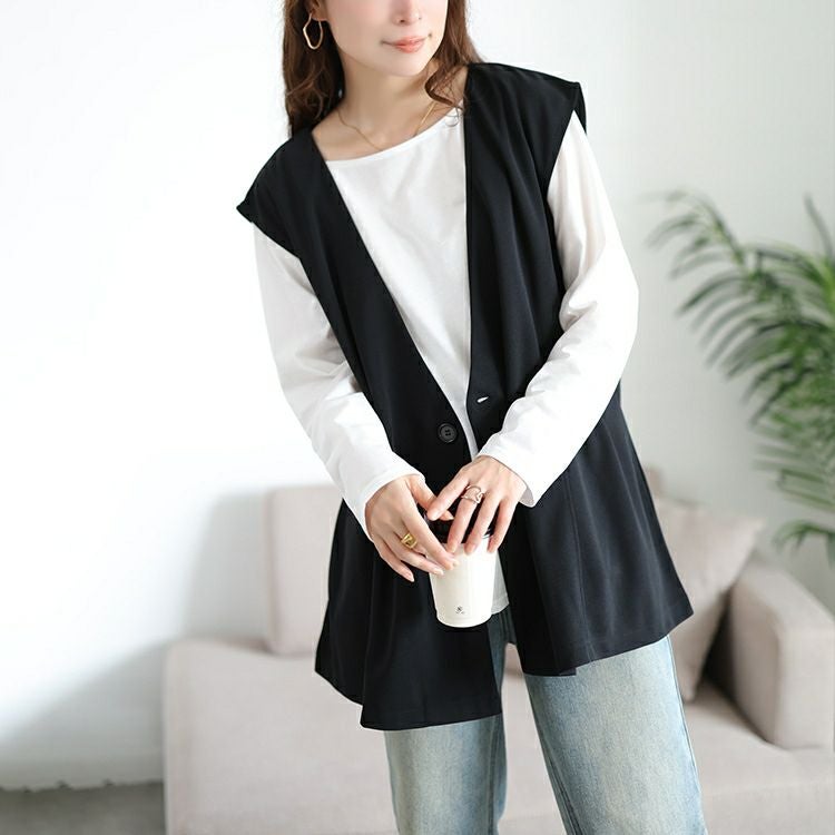 大きいサイズ レディース 深Vネック変形ジレ＆ロンT2点セット　bai-0194