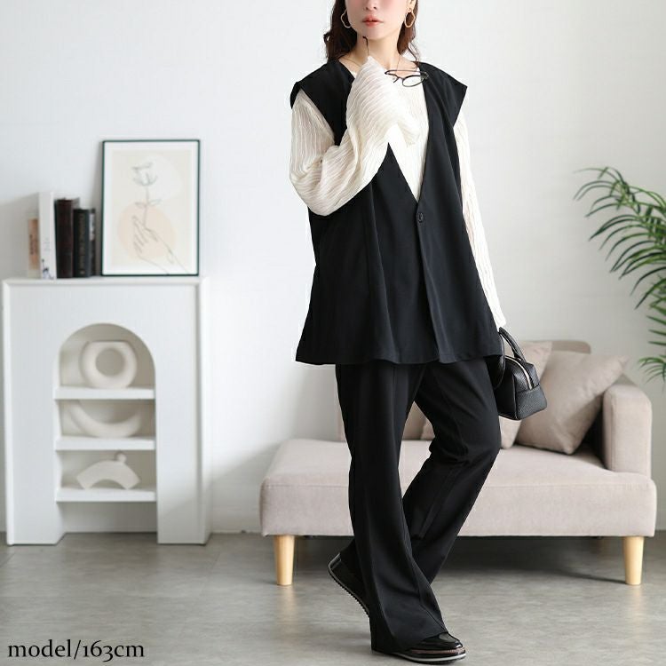 大きいサイズ レディース 深Vネック変形ジレ＆ロンT2点セット　bai-0194