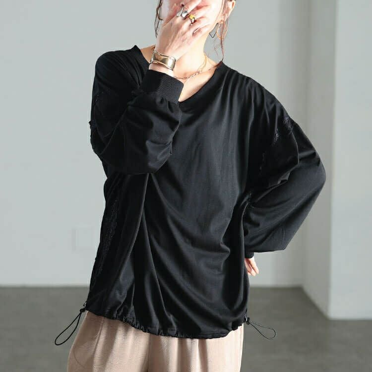 大きいサイズ レディース レースデザイン裾ドロストプルオーバー　bai-0192