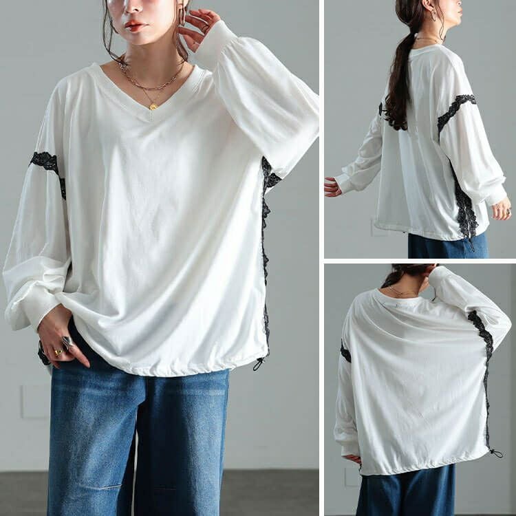 大きいサイズ レディース レースデザイン裾ドロストプルオーバー　bai-0192