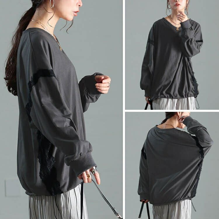 大きいサイズ レディース レースデザイン裾ドロストプルオーバー　bai-0192