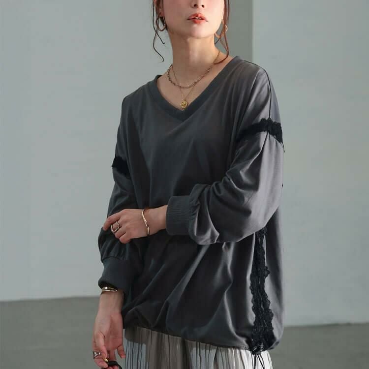 大きいサイズ レディース レースデザイン裾ドロストプルオーバー　bai-0192 チャコールグレー