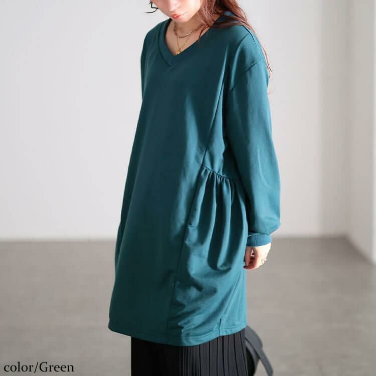 大きいサイズ レディース 脇ギャザー切り替えコクーンチュニック　bai-0191 グリーン