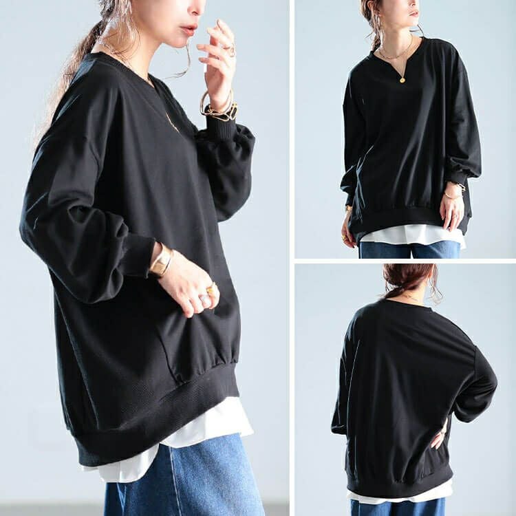 大きいサイズ レディース リブ切り替えキーネックプルオーバー　bai-0190