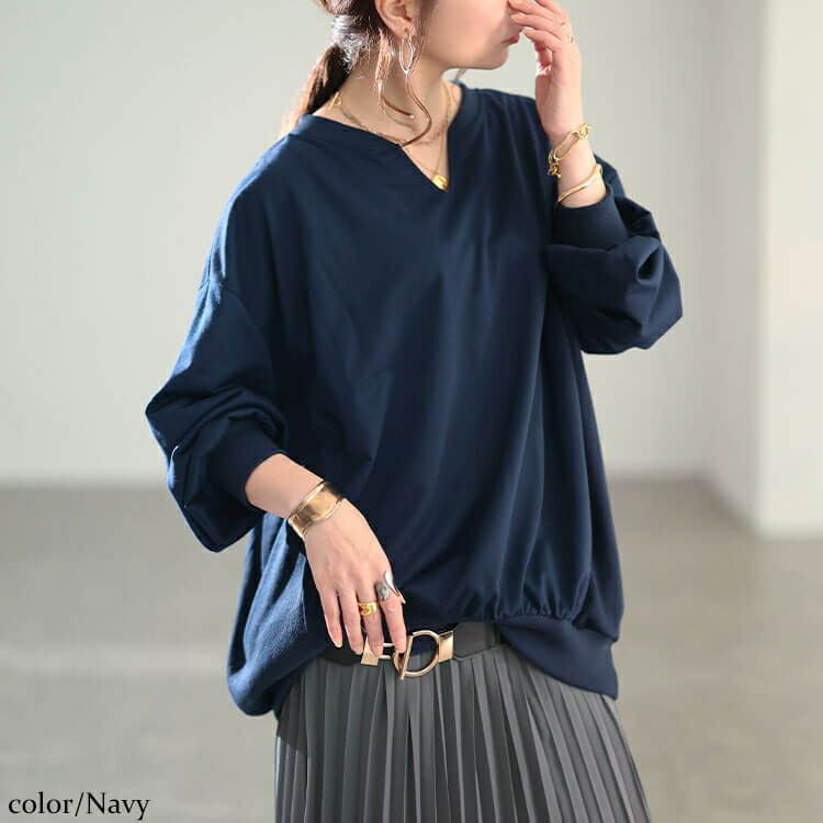 大きいサイズ レディース リブ切り替えキーネックプルオーバー　bai-0190