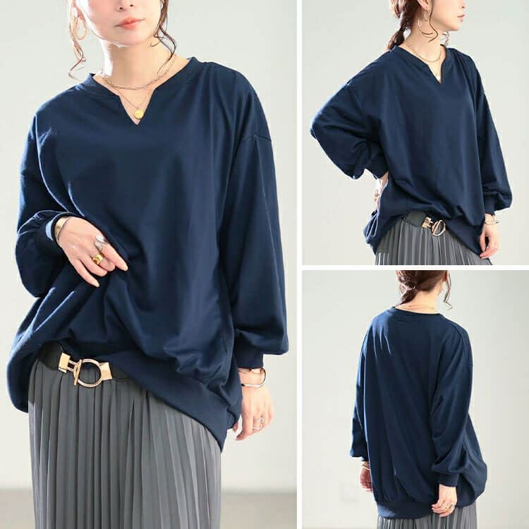 大きいサイズ レディース リブ切り替えキーネックプルオーバー　bai-0190