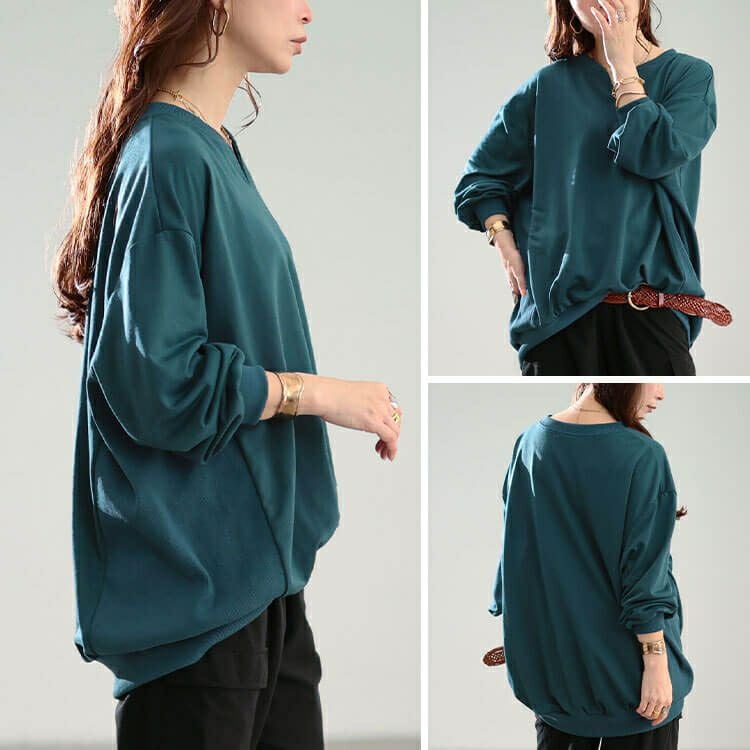 大きいサイズ レディース リブ切り替えキーネックプルオーバー　bai-0190