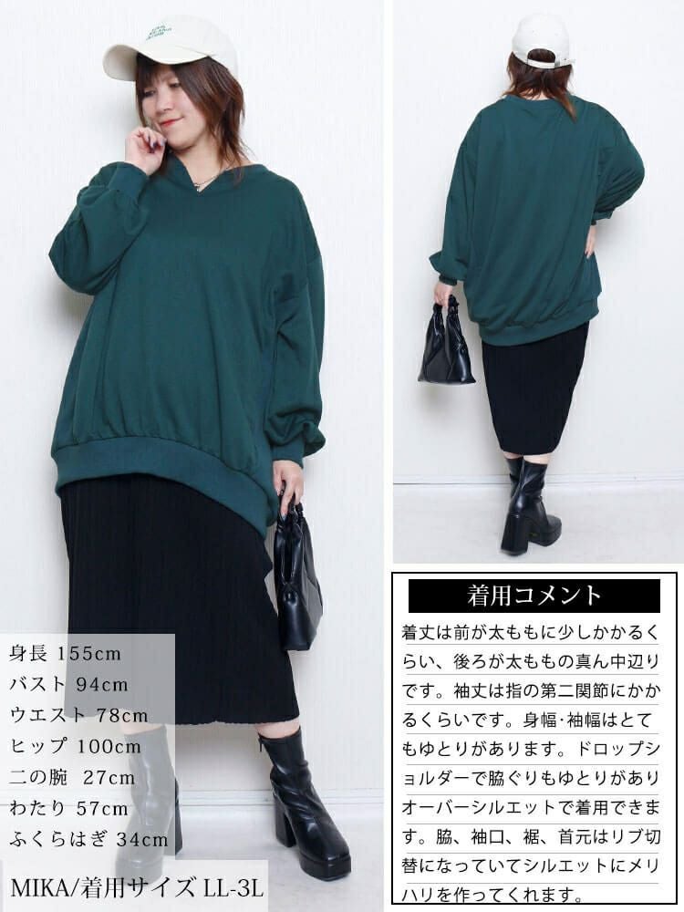 大きいサイズ レディース リブ切り替えキーネックプルオーバー　bai-0190