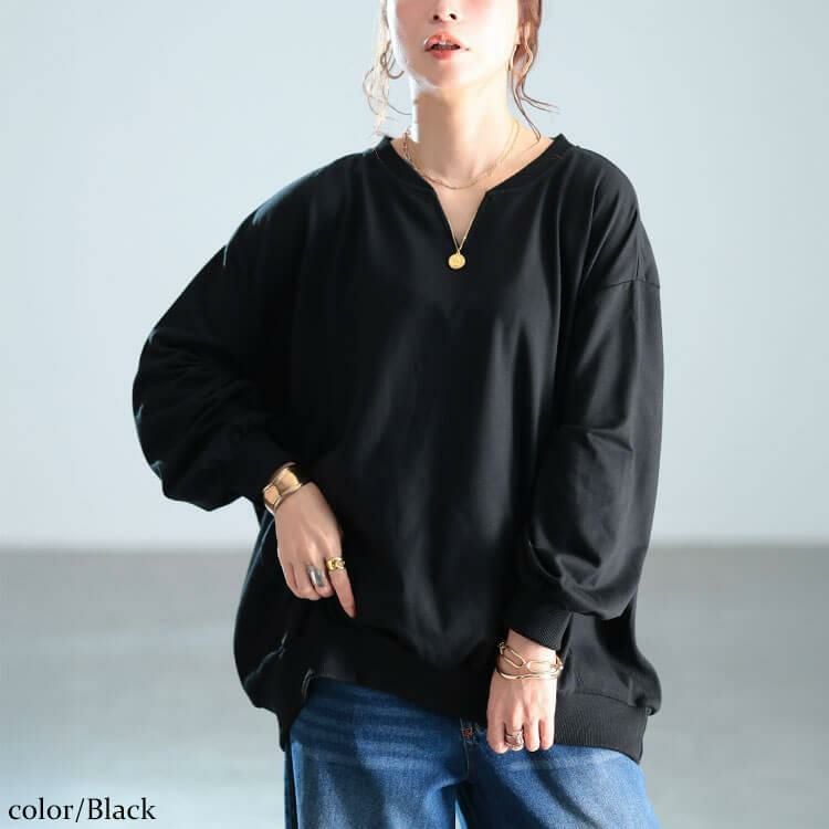 大きいサイズ レディース リブ切り替えキーネックプルオーバー　bai-0190 ブラック